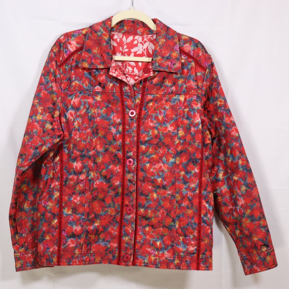 Reversible Floral Jacket XL Red Womens Button Up Boho Coat